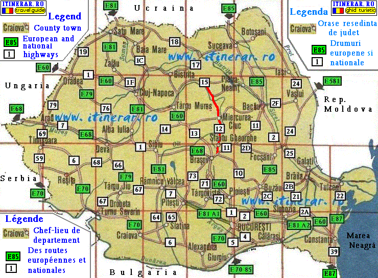 Itinerar, harta - drum national DN12 Topliţa-Miecurea Ciuc-Sfântu Gheorghe