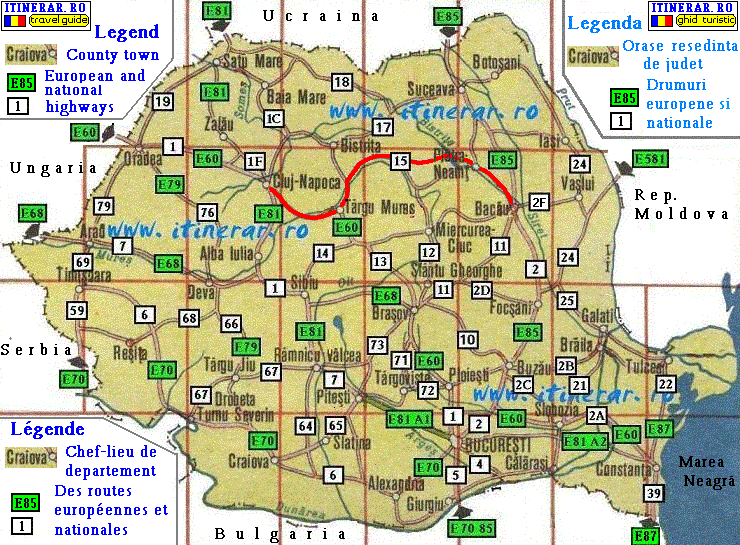 Itinerar, harta - drum national DN 15 Turda-Tg.Mures-Reghin-Borsec-Bicaz-Piatra Neamt-Buhusi-Bacau 